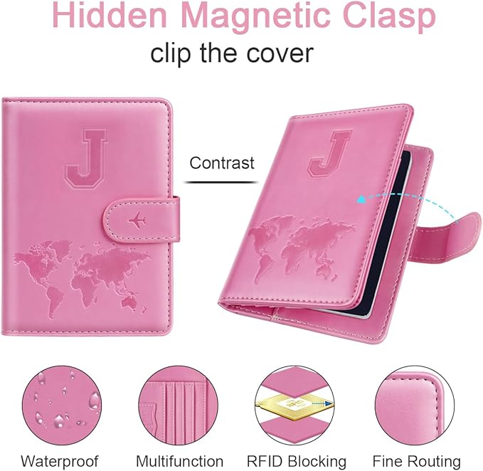 Passport Holder Cover Initail Letter A-Z Travel Wallet Embossed Design RFID Blocking Card Holder Personalized Gift Passport Cover Wallet, Passport Book Holders for Women and Girls, Pink-J