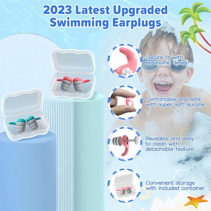 Waterproof Swimming Ear Plugs for Adults - 2 Pairs of Reusable Soft Silicone Swim Earplugs,Perfect for Surfing, Diving,Pool,Showering and Other Water Sports - Keep Water Out and Ear Protection