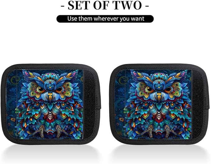 Abstract Colorful Owl 2 Pack Luggage Handle Wrap Set of Neoprene Luggage Tags for Suitcases Bag Strap Wrap Cover Travel Airplane Accessories Covers Markers Sleeve Grips Identifiers Cruise
