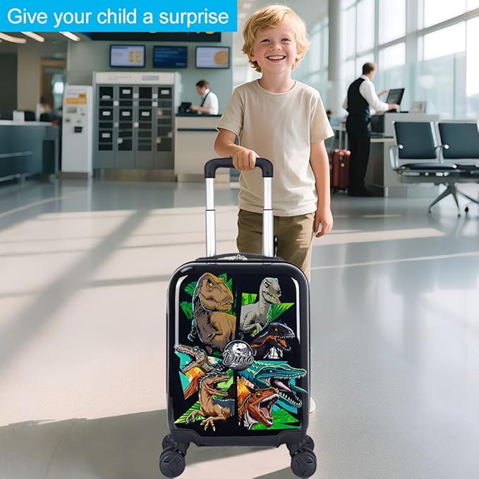 WZLVO Cool Dinosaur Kids Luggage 2PC Set with 360° Spinner Wheels, Lightweight Travel Carry-On Hardshell Suitcase for Boys, Toddler & Elementary Children