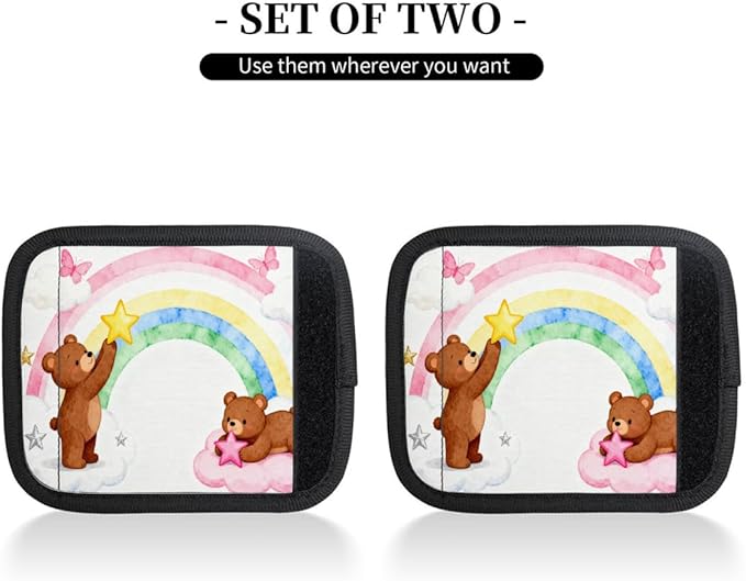 2 Pack Luggage Handle Wrap with Travel Tags - Non-Slip Protective Cover Soft Handle Grips Covers for Suitcase(Rainbow Bear Star)