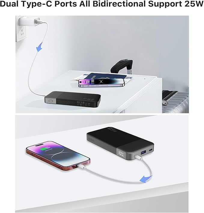 NOBIS Portable Charger, 10000mAh Power Bank Fast Charging, Battery Pack with C to C Cable, Battery Bank with Digital Display for iPhone iPad Android etc