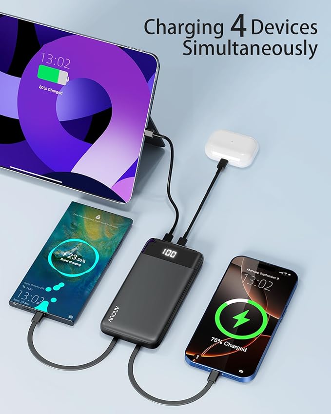 Portable Charger with Built-in Cables 10000mAh Power Bank with Cords, Slim Battery Pack with LED Display, Travel Essential Portable Charger for iPhone 17/16/15/14 Series, Android Samsung Google Pixel
