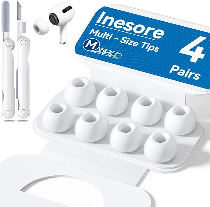 4 Pairs Replacement Ear Tips for AirPods Pro 2nd/1st Generation with Portable Storage Box & Cleaner Pen,Noise Reduction Holewith & Built-in dust Guard Screen,Silicone EarTips(White-M/Size)