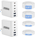 2 Pack 200W USB C Charger, Laptop Fast Charger, 6-Port Wall Charger Type C Charging Block Power Adapter for MacBook Pro, Dell XPS, iPhone 17, iPad, Tablet, Chromebook and More (White)