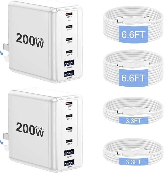 2 Pack 200W USB C Charger, Laptop Fast Charger, 6-Port Wall Charger Type C Charging Block Power Adapter for MacBook Pro, Dell XPS, iPhone 17, iPad, Tablet, Chromebook and More (White)