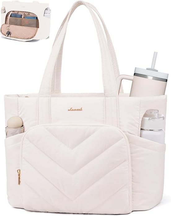 LOVEVOOK Puffer Tote Bag for Women, V-Quilted Puffy Teacher Tote Nurse Bag, Large Shoulder Laptop Purse for Work Travel Gym