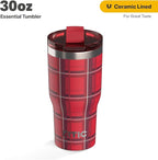 RTIC 30oz Essential Tumbler with Lid, Ceramic Lined, Insulated, Stainless Steel, Metal, Double Wall Vacuum-Insulation, Travel Cup for Iced Coffee, Tea, Hot and Cold Drink, Red Plaid