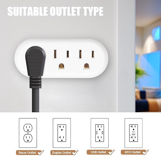 EXTRASTAR 3-Outlet Adapter, Space-Saving Splitter, Multi Plug Wall Tab for Home, Office, or Dorm - White (4 Pack)