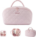 LOVEVOOK Travel Makeup Bag for Women, 2Pcs Puffer Waterproof Cosmetic Organizer, Large Capacity Pouch Open Flat Small Toiletry Bag with Brush Compartment & Handle (Pink, Large)