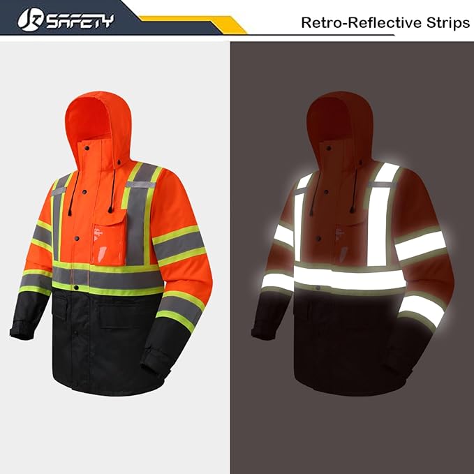 JKSafety Hi-Vis Reflective Safety Rain Jacket for Men Women Waterproof Rain Gears for Farming Fishing Work HV Rain Jacket with Inner Mesh Lining and Pockets (117A-OBlk L)