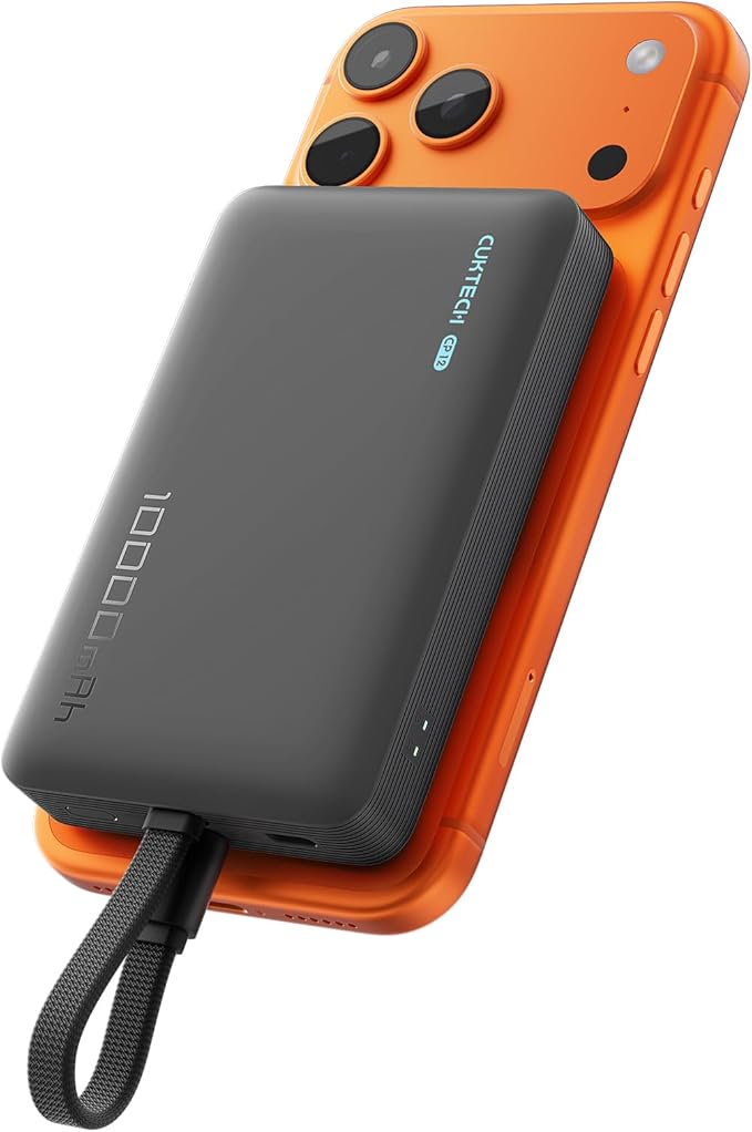 CUKTECH Magnetic Power Bank, 10000mAh Portable Charger, 20W Fast Charging & 7.5W Wireless, Built-in USB-C Cable, Battery Pack for iPhone 15/16/17 Series, Samsung, for Travel, Work & Daily Use