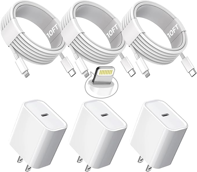 10FT iPhone Fast Charger,3Pack Extra Long[Apple MFi Certified]iPhone Charger Fast Charging Quick 10Foot USB C to Lightning Cable Cord Adapter Block for iPhone 14 Pro Max/14 Plus/13/12Mini/11/XS/X/iPad