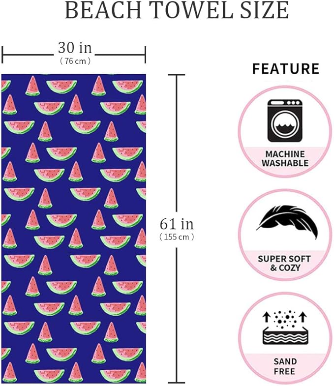 Beach Towel Microfiber Beach Towels Oversized Large Quick Dry Soft Sand Free Cute Watermelon Design 30×60 inch Beach Towels for Kids Women Men Pool Swim Beach Essentials Accessories -Blue