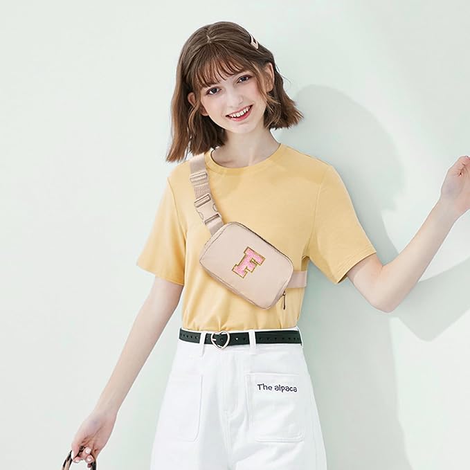 Gitus Belt Bag Fanny Pack Crossbody Bags with Initial Letter Patch Cute Stuff Birthday Gifts for Teenager Girls Trendy Preppy Stuff for Teen Girls(Beige-F)