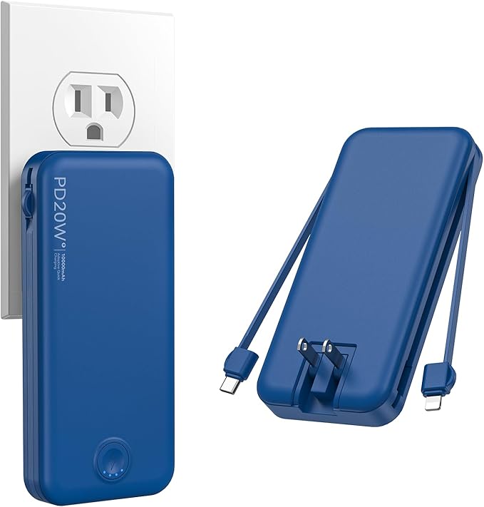Nusyddy Portable Charger, 10000mAh PD20W Fast Charging Power Bank with Built-in Cables & Wall Plug, Travel Essentials External Battery Pack, USB C Battery Phone Charger for iPhone, iPad, Samsung Navy
