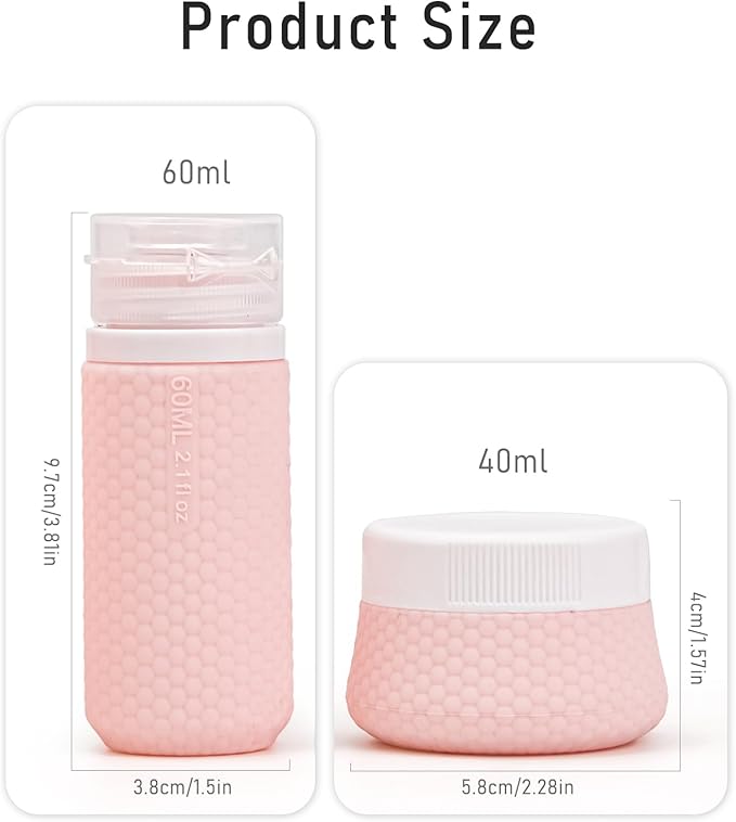 Travel Bottles for Toiletries 2oz 60ml 2 Pack + Cosmetic Jar 40ml 1.35oz Luxury Leather Pattern, Anti-slip Silicone Premium Refillable Bottle Set with Facial Brush for Gym Men Women, Pink