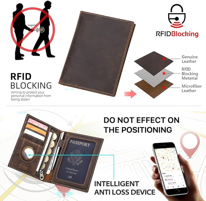 CONTACTS Full Grain Leather Passport Holder RFID Blocking Travel Passport Wallet Compatible with Airtag Passport Case Handmade with 4 Cards Slots, Coin Pocket (Brown)