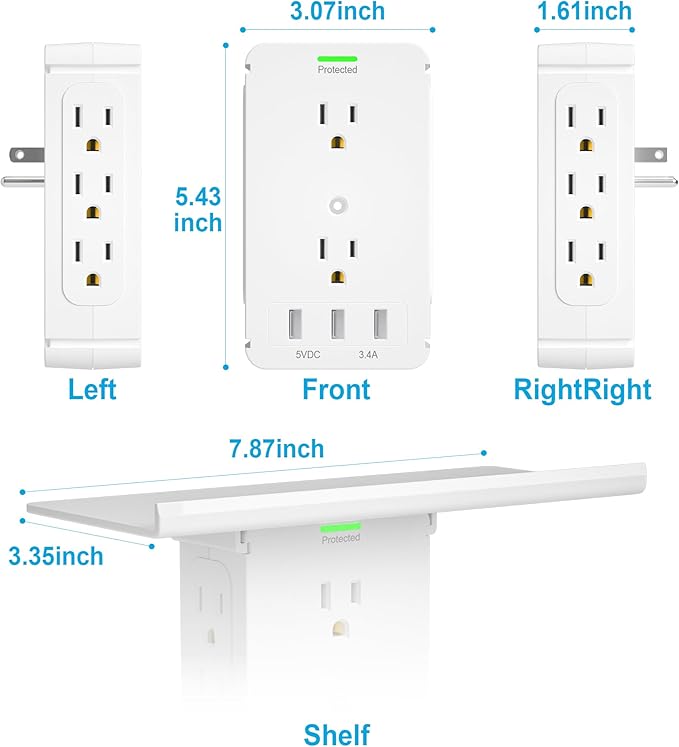 2 Packs 11 Port Surge Protector Wall Outlet,8 Electrical Outlet Extenders and 3 USB Ports 3.4A,with Removable Built-in Shelf，FCC Listed,White