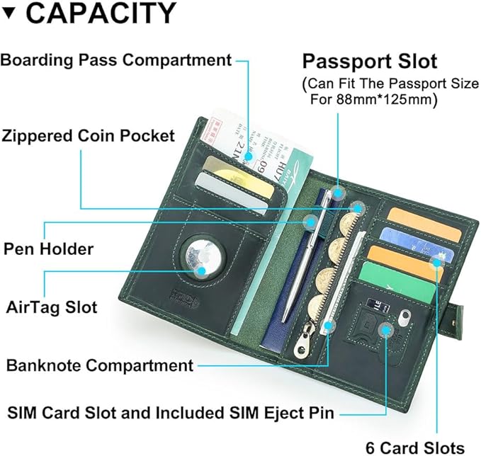 CONTACTS Full Grain Leather Passport Holder Compatible with Airtag Slot RFID Blocking Passport Wallet Travel Slim Passport Cover with SIM Card Removal Tool (Green)