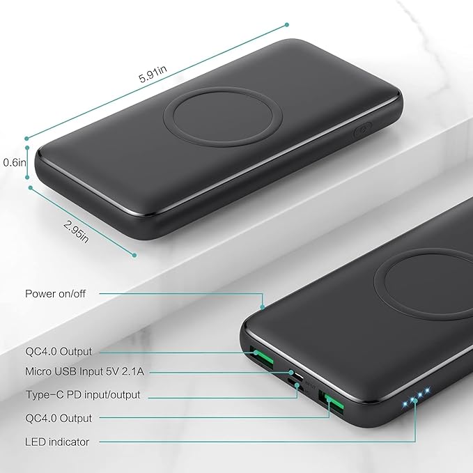 Wireless Portable Charger Power Bank, 13800mAh 15W Fast Wireless Charging 25W PD QC 4.0 USB-C Power Bank, 5 Output & Dual Input External Battery Pack Compatible with iPhone 16/15/14/13/12,Android etc