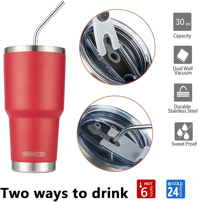 D·S 30oz Red Tumbler Stainless Steel Double Wall Vacuum Insulated Mug with Straw and Lid, Cleaning Brush for Cold and Hot Beverages (30oz Red)