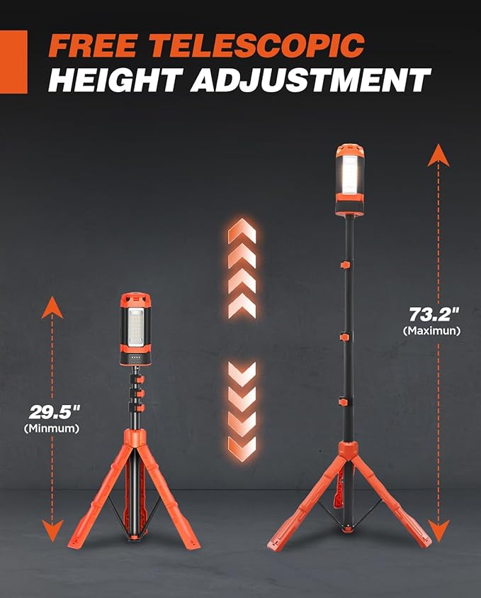 Saker Portable Camping Light with Stand 12000mAh 73.2" Rechargeable Work Light 3200 Lumen Camp Lanterns with Bag for Garage, Outdoor Work, Emergency Power Outages, Fishing LD10 Orange