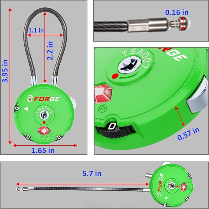 Forge Quality TSA Approved Luggage Locks for Travel Accessories, Suitcase, Pelican case, Ammo Boxes, Set Your own Combination, Zinc Alloy Body-Cable Green 2 Locks