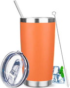 20 oz Tumbler with Lids and Straws, Stainless Steel Insulated Travel Coffee Mug, Double Wall Vacuum Insulated Tumblers, Powder Coated Coffee Tumbler for Cold & Hot Drinks (Orange)
