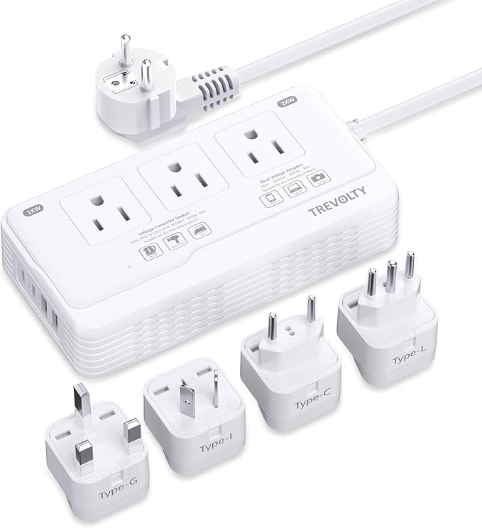 2000W Voltage Converter US to Europe for Hair Dryer, 220V to 110V Converter for European Travel with 3 AC 2 USBC 2 USBA Ports, European Travel Plug Adapter with Type C/G/I/L Plugs (White)