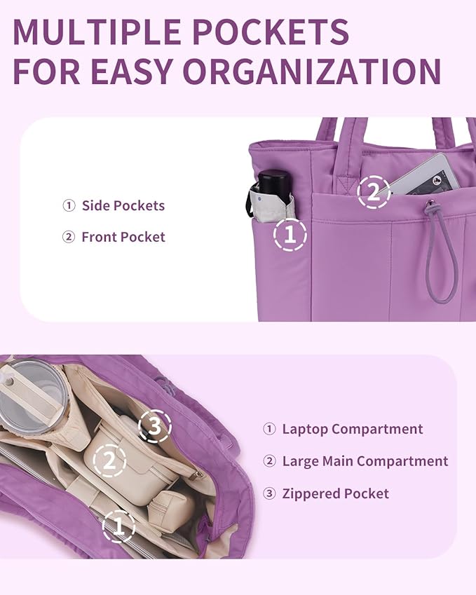 Wandering Nature Puffer Tote Bag with Cup Holder & Laptop Compartment & Trolley Sleeve for Travel, Work, Nurse, Women