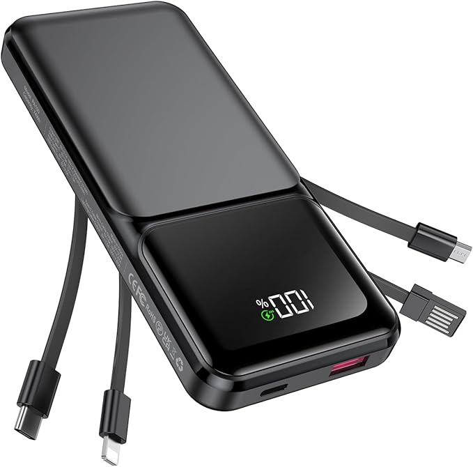 RONEGN Portable Charger with Built in Cable -20000mAh Fast Charging Power Bank USB C Slim 22.5W LED Display Battery Pack 5 Outputs & 3 Inputs for Travel Essentials iPhone Samsung Phones Black