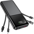 RONEGN Portable Charger with Built in Cable -20000mAh Fast Charging Power Bank USB C Slim 22.5W LED Display Battery Pack 5 Outputs & 3 Inputs for Travel Essentials iPhone Samsung Phones Black