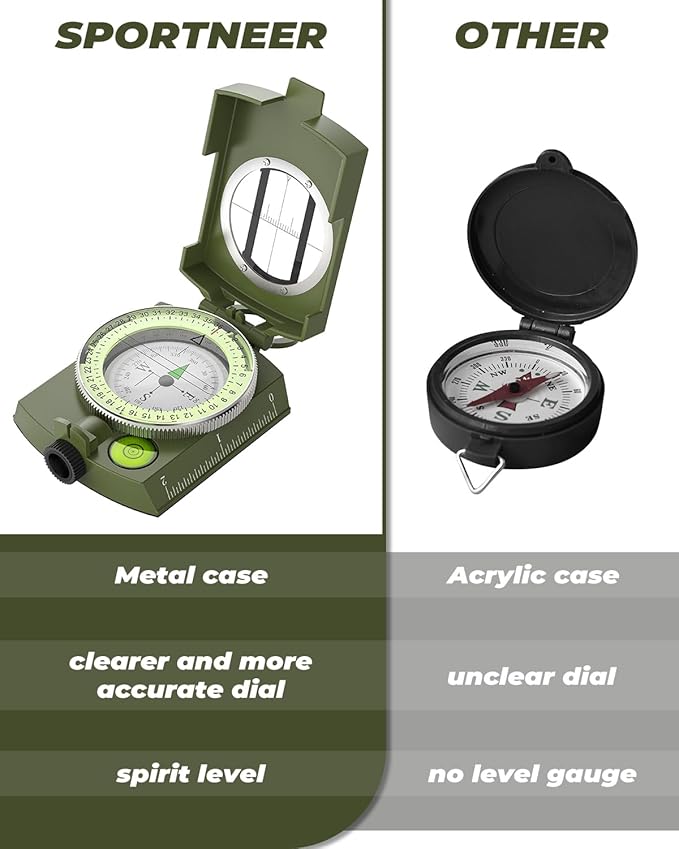 Sportneer Compass: Accurate Durable Lightweight Orienteering Compass with Strap and Carrying Case, Glow in The Dark Waterproof Hiking Essentials for Camping Backpacking, Best Survival Gifts for Kids