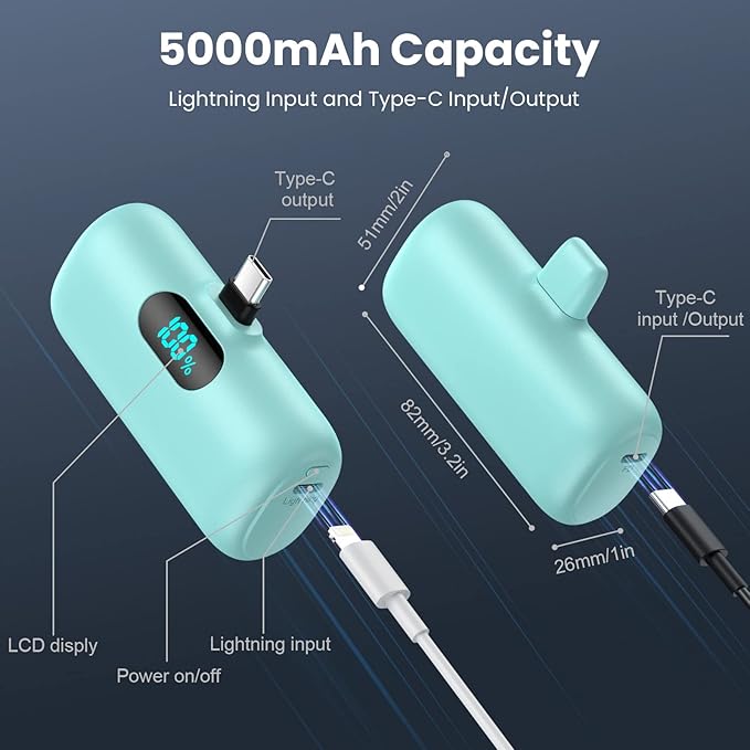 Feob Mini Portable Charger 5000mAh Power Bank,15W PD USB C Cell Phone Portable Power,LCD Display Battery Pack Compatible with iPhone 17/Air/17 Pro/17Pro Max/16/15 Android/Samsung/Moto(Type-C Only)