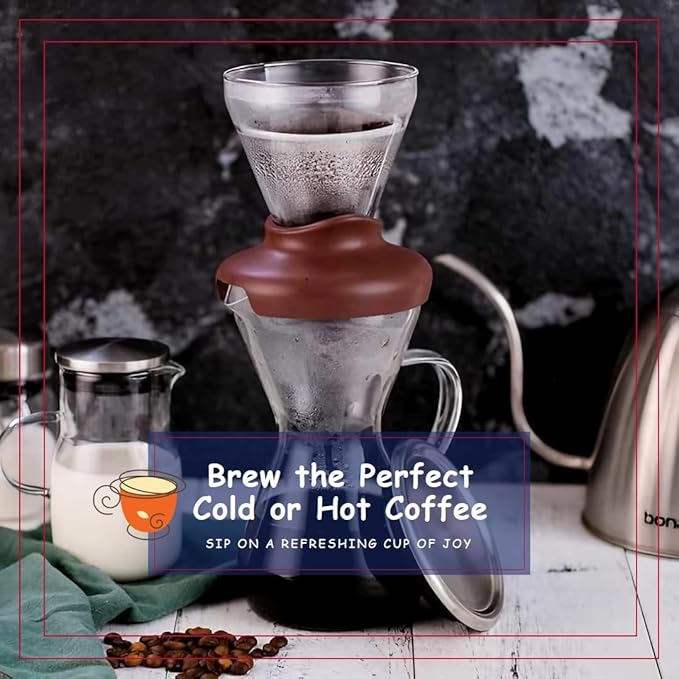 Blue Horizon Hot & Iced Coffee Maker 14oz – Pour Over Coffee Dripper with Temperature Resistant Glass Carafe & Stainless Steel Reusable Filter, Single Serve Cold Coffee & Hot Tea Brewer