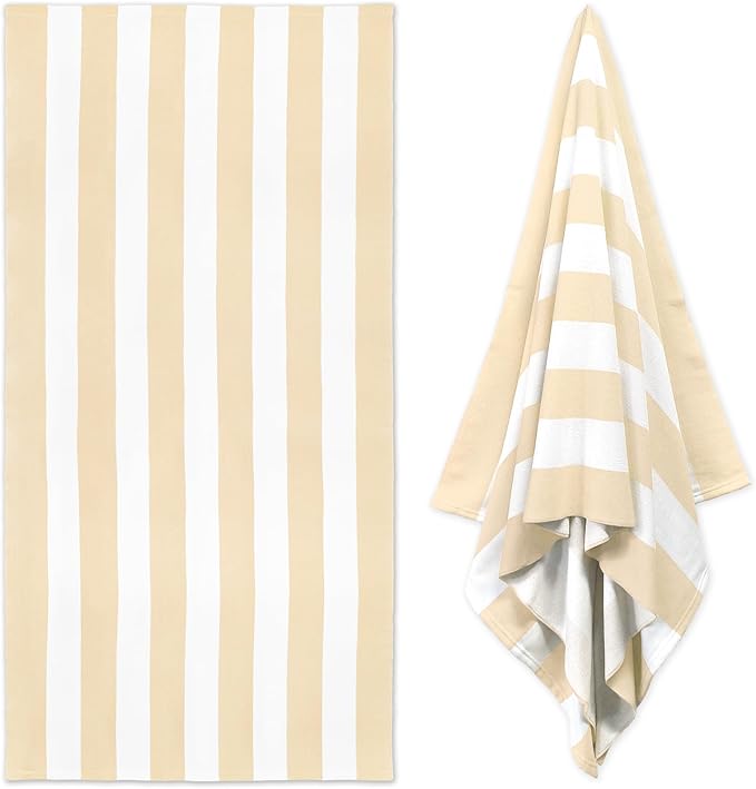 HENBAY Large Oversized Beach Towel - 35 x 70 Inch Microfiber Pool Towel, Beige Striped Quick Dry Cabana Swim Towel