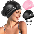 2 Pack Large Swim Caps for Long Hair, Silicone Swimming Cap for Adult Women Men, Waterproof Swim Hats Bathing Caps to Keep Hair Dry with Bonus Nose Clip and Earplugs