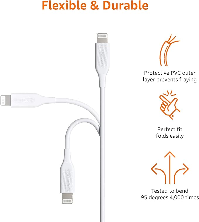 Amazon Basics 2-Pack Apple MFi Certified USB-A to Lightning Cable, High Speed Data Sync, Charger for iPhone 14 13 12 11 X Xs Pro, Pro Max, Plus, iPad, 3 Foot, White