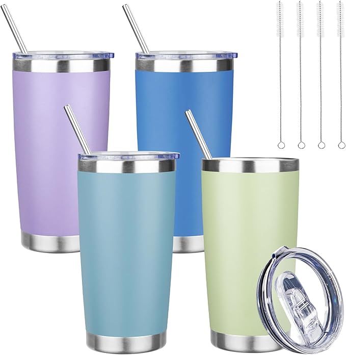 20 oz Tumbler with Lids and Straws, Stainless Steel Insulated Travel Coffee Mug, Double Wall Vacuum Insulated Tumblers, Powder Coated Coffee Tumbler for Cold & Hot Drinks (Mix Color-1)