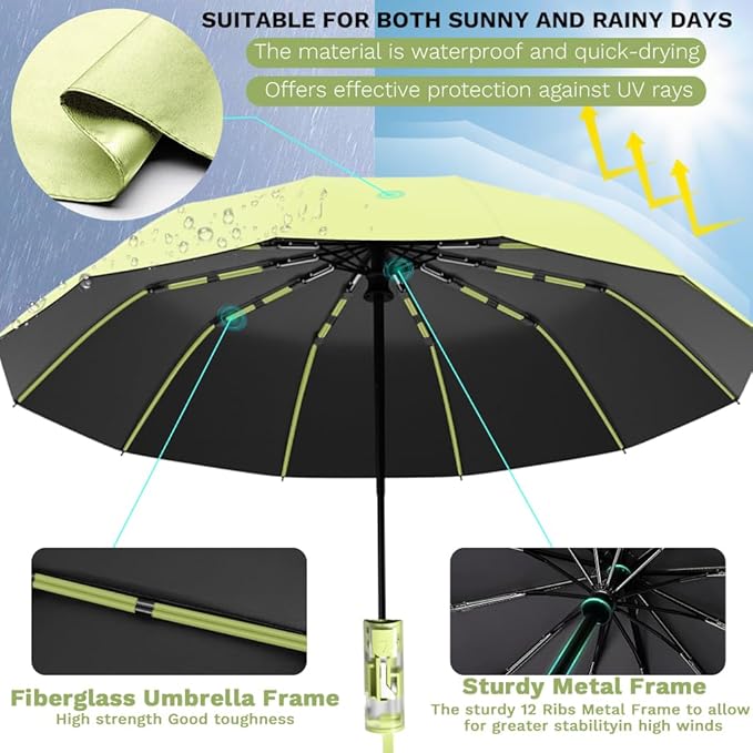 YINBAOGE Compact Travel Umbrella, Automatic Folding Windproof 12 Ribs, 42 Inch Canopy with UV Protection, Durable Lightweight Portable Parasol for Rain & Sun, Fits Car, Backpack, Men & Women