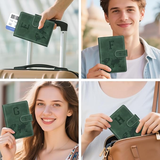 Personalized G Passport Holder Cover Initial Letter Travel Wallet RFID Blocking Passport Cover Credit Card Holder Case Passport Book Holders for Women and Men, Pine Green-G