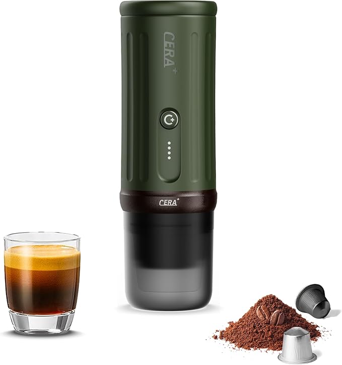 CERA+ Portable Espresso Machine 5-8 Cups per Charge, Self-Heating 20 Bar， NS Pods & Ground Coffee, Epresso Electric Travel Coffee Maker for Outing, Working, Camping