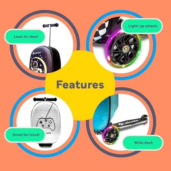 Lascoota Scooter Suitcase - Foldable 2-in-1 Luggage - LED Light Wheels & Lightweight Carry Luggage - Overhead-Ready Carry Suitcase for Kids - Ice Cream, 17.3 x 12.4 x 8.7 in