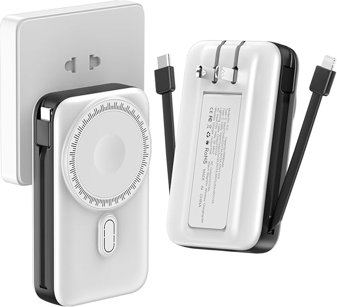 Magnetic Portable Charger 10000mAh for iPhone with Built-in Cables and Wall Plug,Wireless Power Bank with iWatch Charger,LCD Display 22.5W Fast Charging Battery Pack for iPhone 16/15/14/13/12 (White)