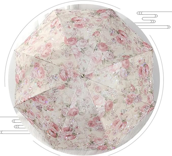 Floral Lace Folding Compact Umbrella - UV Protection Sun Flower Fancy for Women Girls, Portable Travel for Walking, Tea Party, Photo Shooting