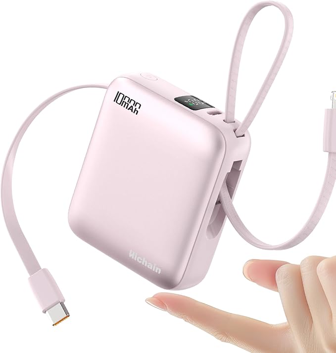 Hichain Small Portable Charger with Built in Cables LED Display, Mini Power Bank 10000mAh 22.5W USB-C Fast Charging Battery Pack, Travel Essential Power Bank for iPhone, iPad, Samsung, Android Pink