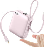 Hichain Small Portable Charger with Built in Cables LED Display, Mini Power Bank 10000mAh 22.5W USB-C Fast Charging Battery Pack, Travel Essential Power Bank for iPhone, iPad, Samsung, Android Pink