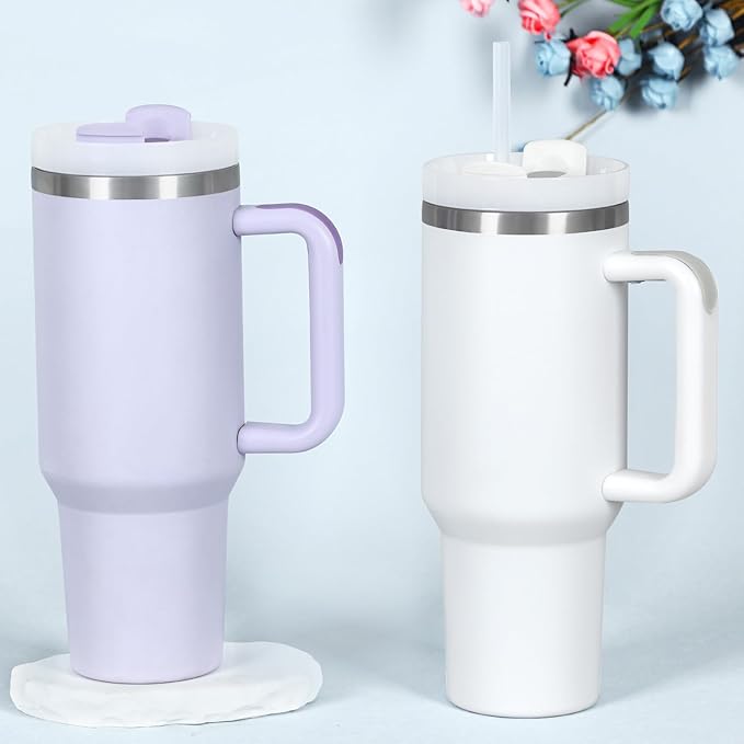4 Pack 40 Oz Tumbler with Handle Bulk, Double Wall Vacuum Insulated Stainless Steel Tumbler with Lid and Straw, 40 oz cup with Silicone Spill Proof Stopper Set (Purple)