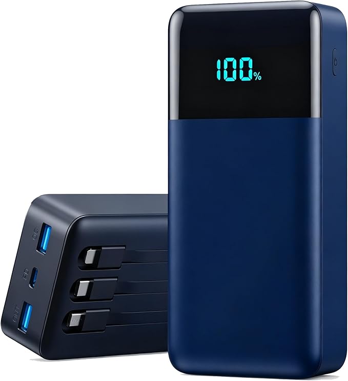 Portable Charger Power Bank 50800mAh,25W USB C Fast Charging Battery Pack with 3 Built in Cables & LED Display,6 Output 2 Input Travel Essentials Phone Charger for iPhone 17/16/15,Android etc (Blue)